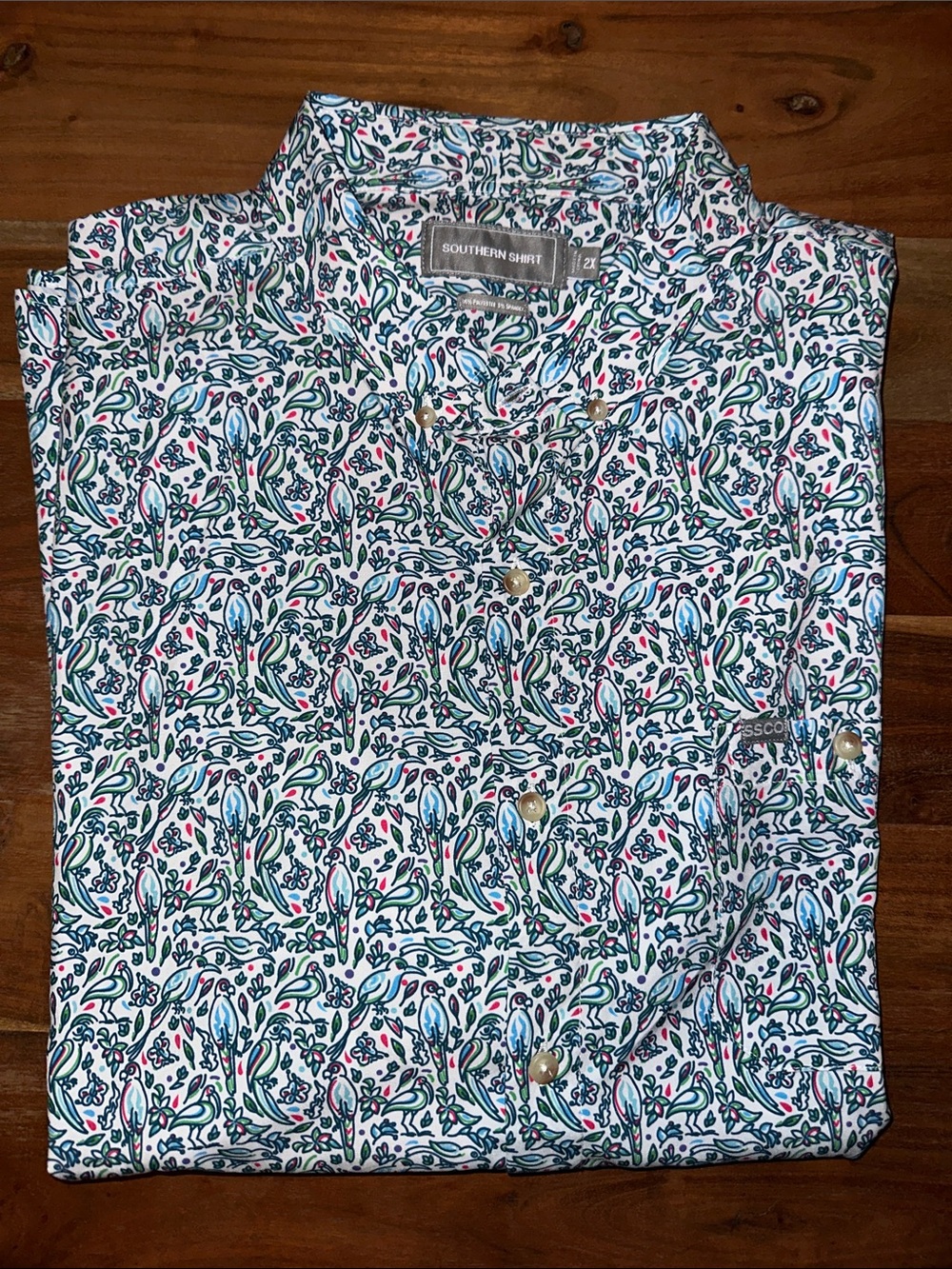 Southern Shirt Men’s White short sleeve Button-Up with Blue & Green Bird Print